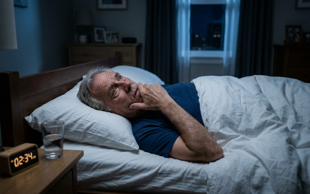 Man ligt wakker in bed door slapenloosheid