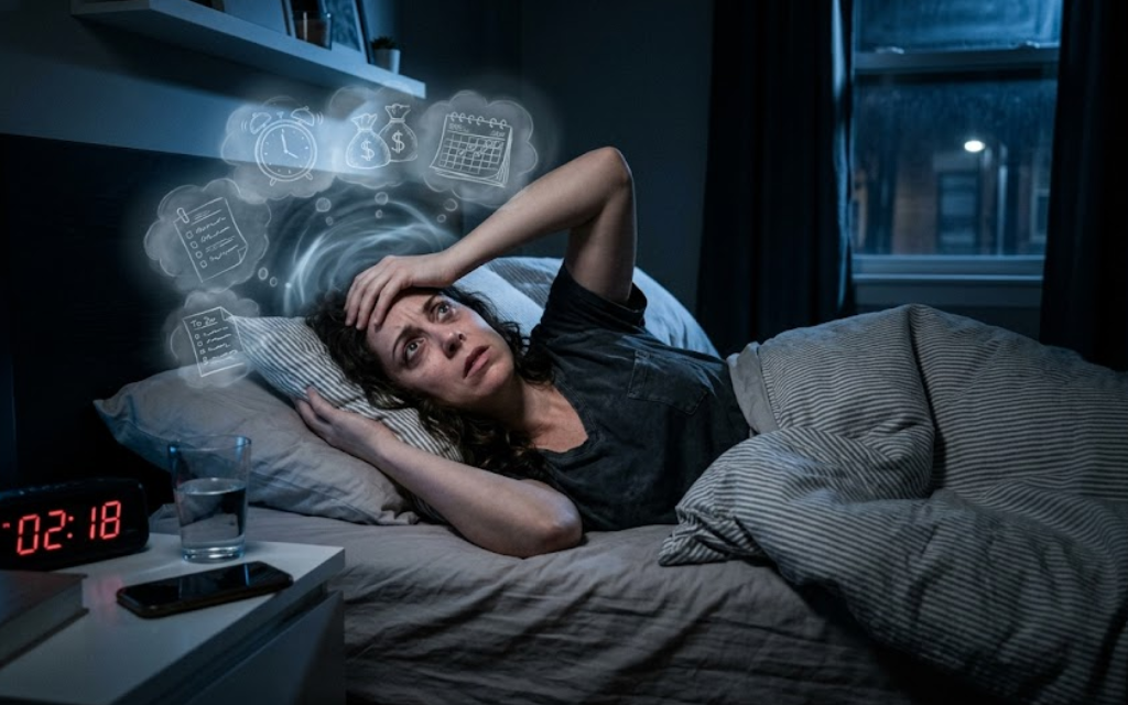 Vrouw ligt wakker in de nacht