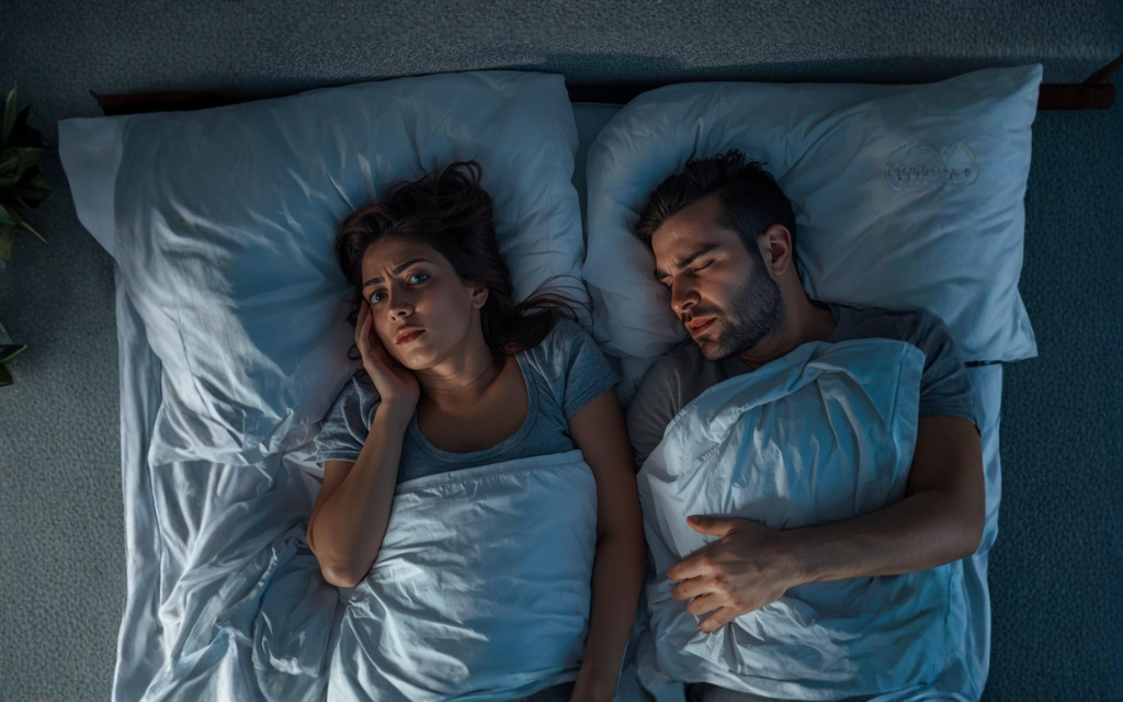 Vrouw ligt naast haar man maar blijft wakker omdat de man snurkt