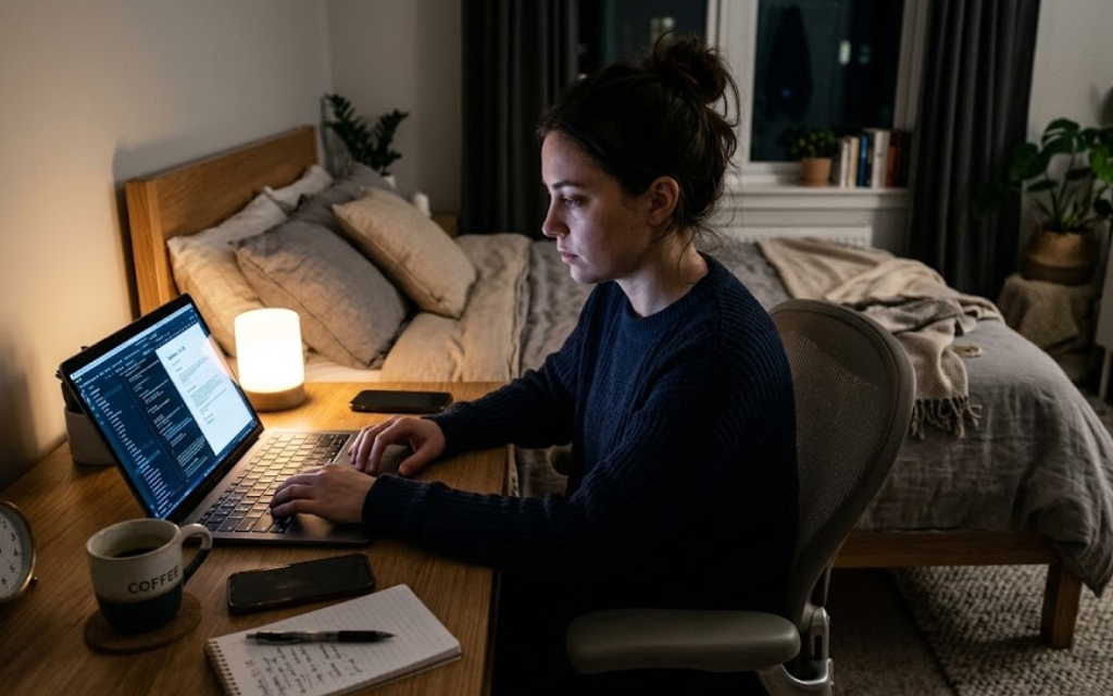 Vrouw is aan het werk in haar slaapkamer achter een laptop
