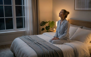 vrouw zit ontspannen op bed