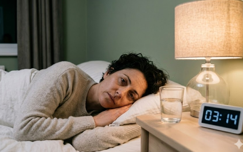 Vrouw ligt met haar ogen open op bed