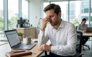Man vermoeid op het werk