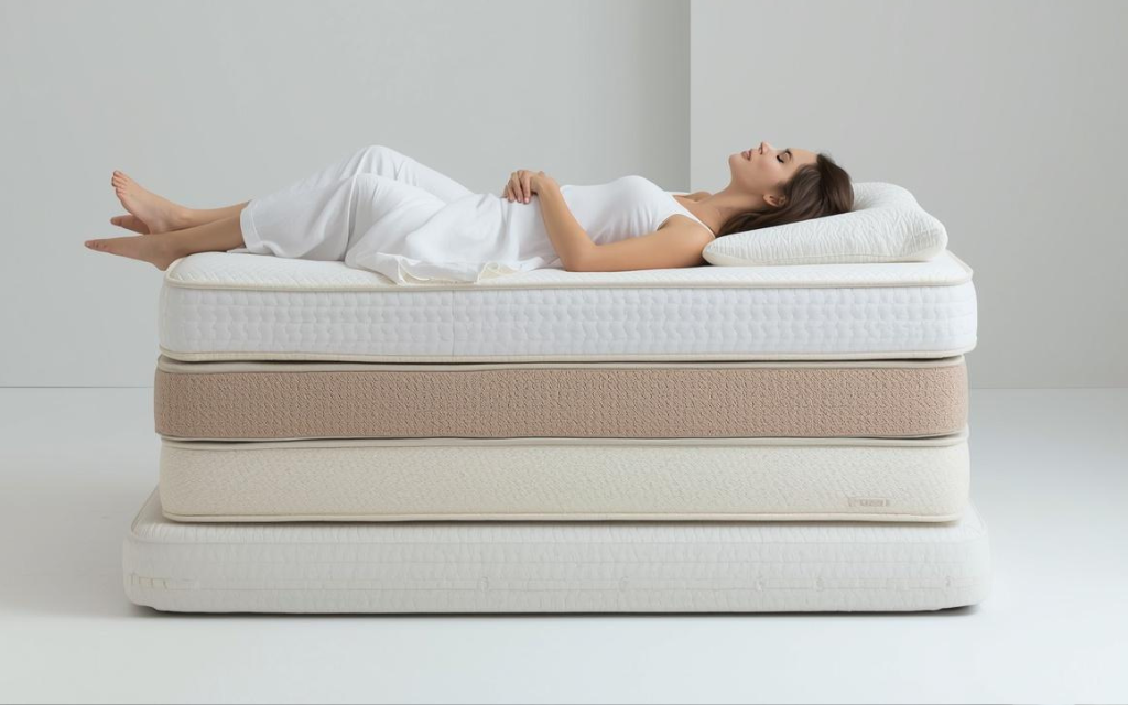 Vrouw ligt op 4 matrassen onder elkaar