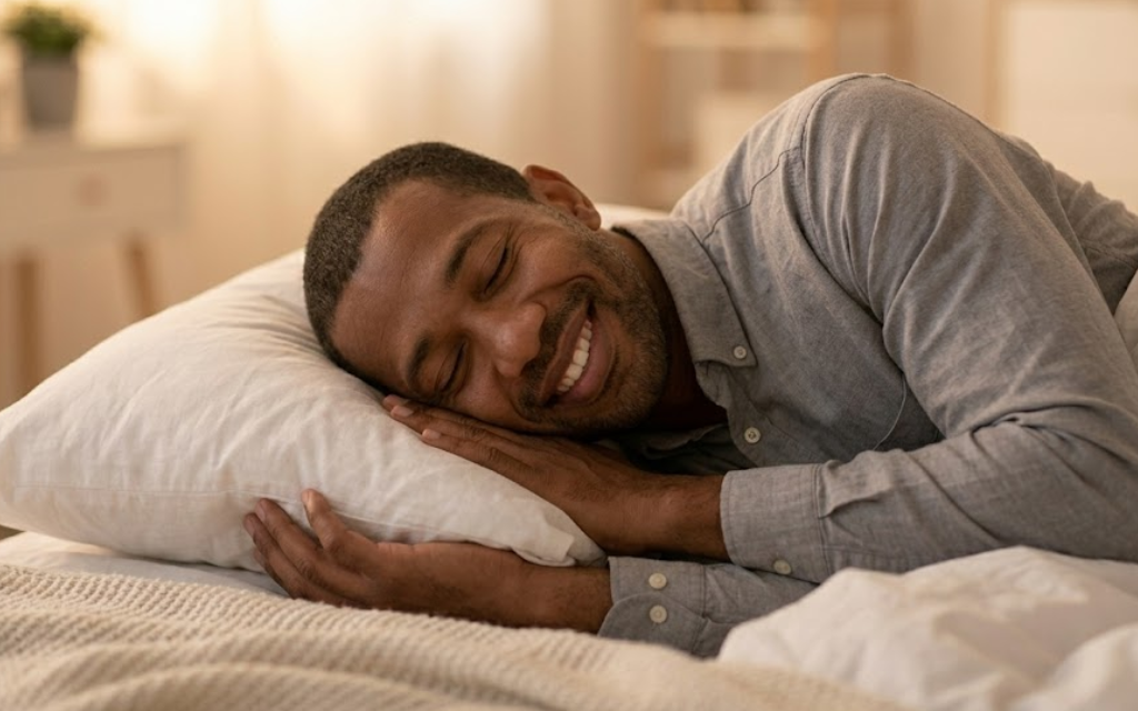 Man is aan het slapen en lacht