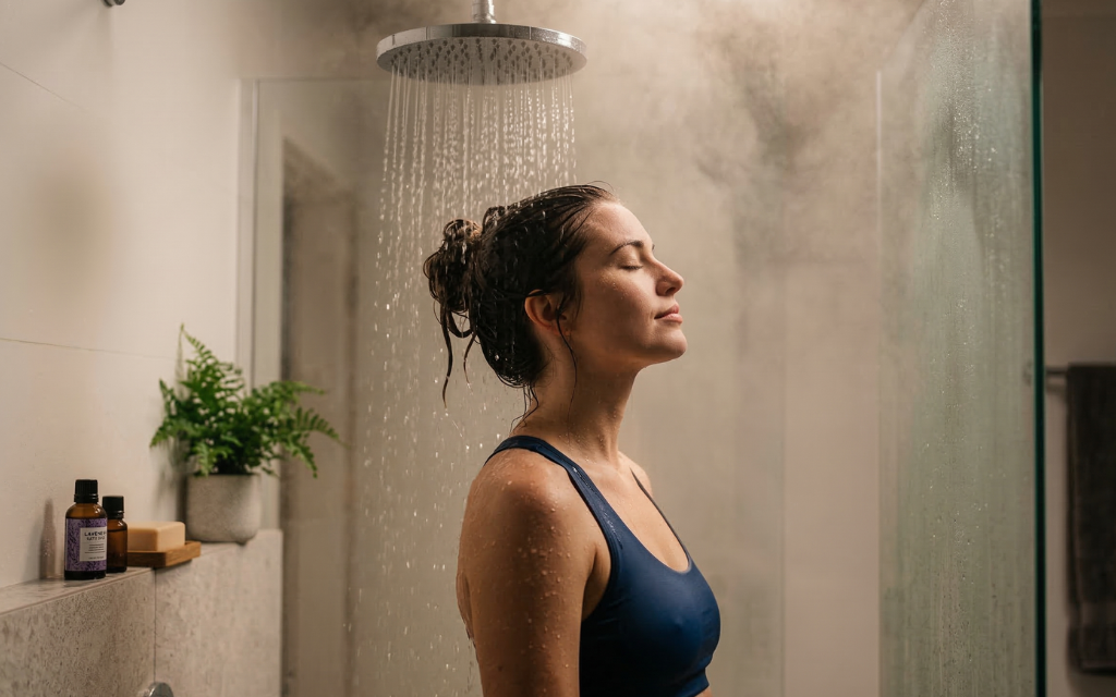 vrouw doe staat onder de douche