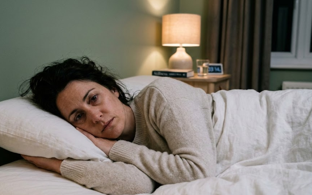 vrouw ligt met haar ogen open op bed