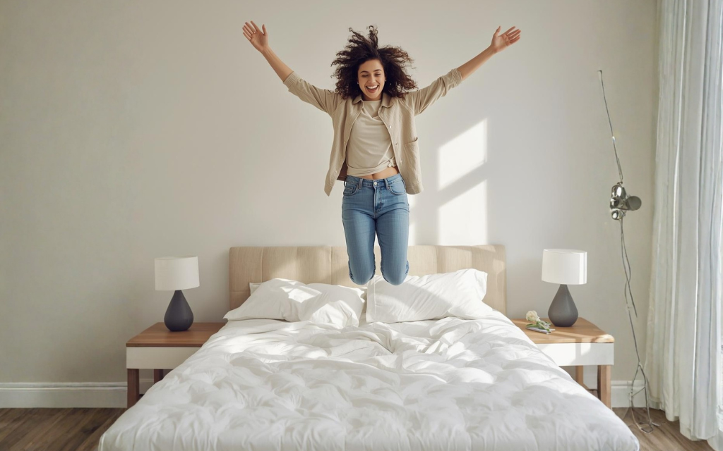 Damen die op het bed spring