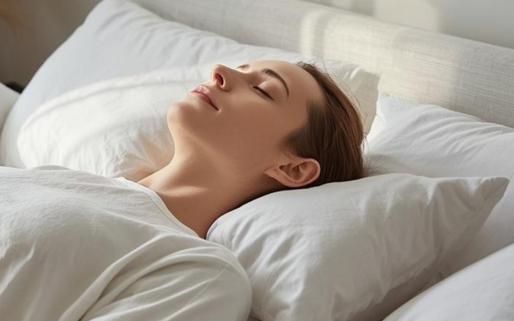 Vrouw ligt op een kussen om het kussen te testen