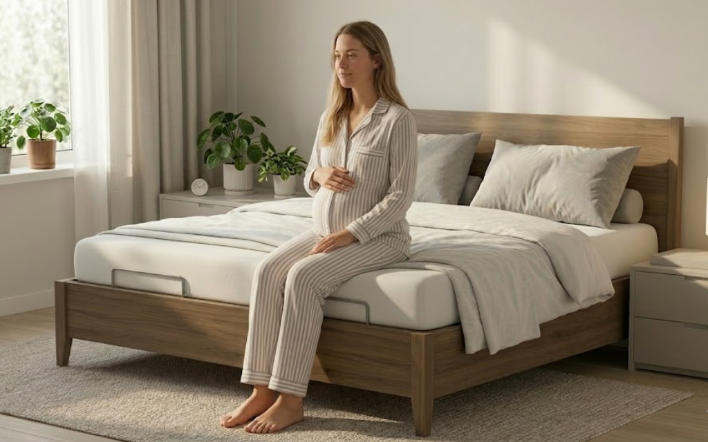 Zwangere vrouw ligt op bed