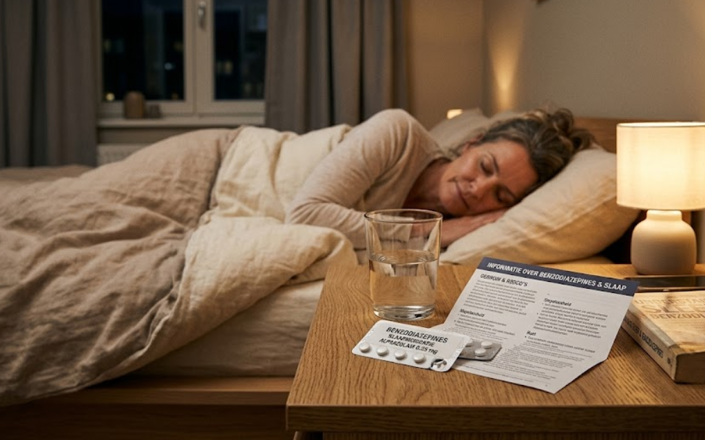 vrouw ligt in bed met daar naast pillen
