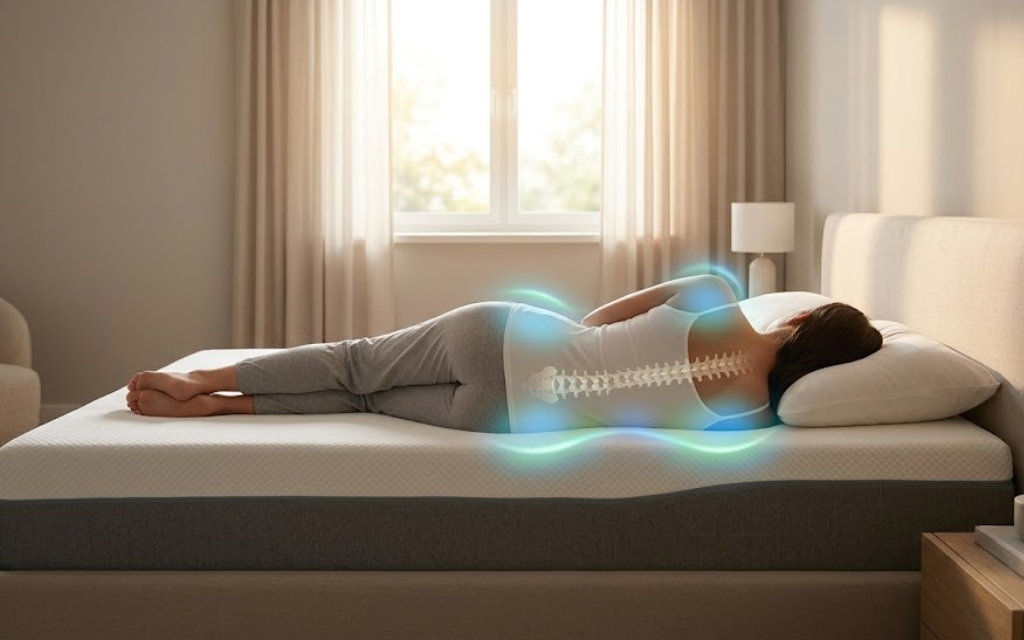 Vrouw ligt op bed en laat haar rugwervel zien