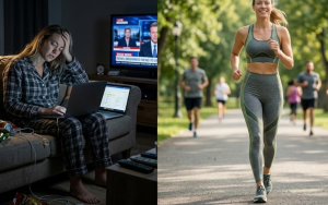 Links een vermoeiende vrouw op de bank en rechts een sportende vrouw