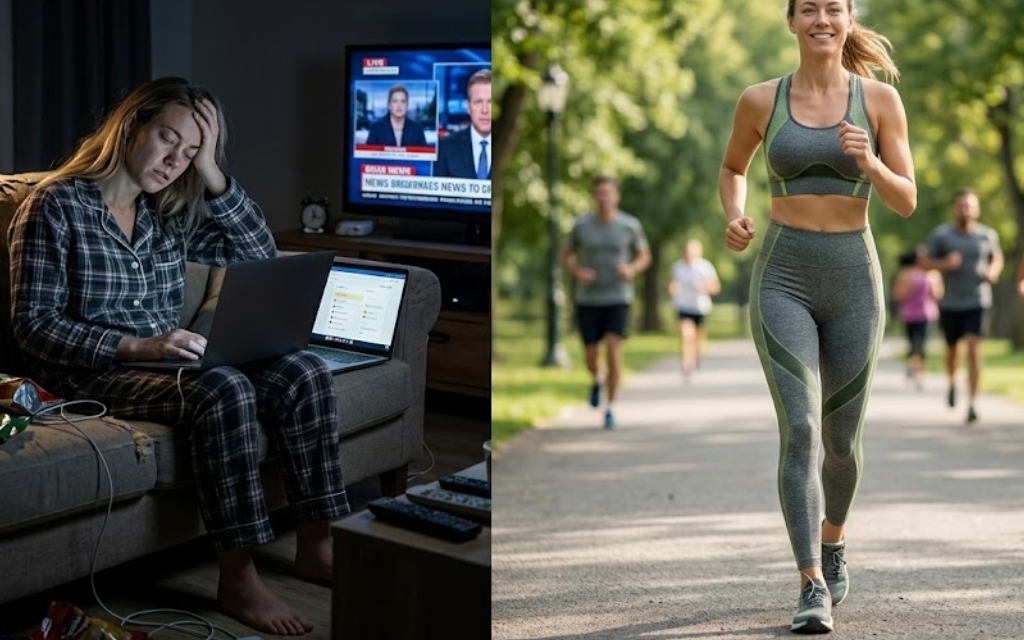Links een vermoeiende vrouw op de bank en rechts een sportende vrouw