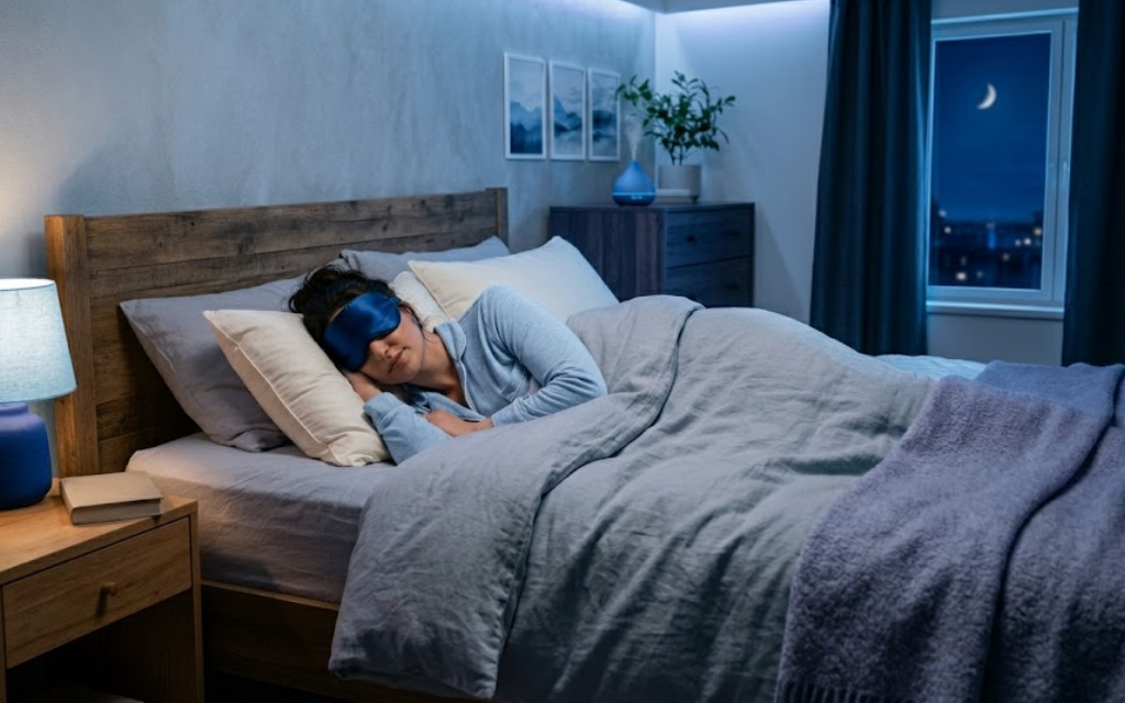 Vrouw slaapt in bed met een oog masker