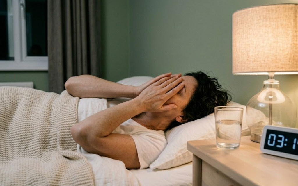 Vrouw ligt op bed met haar handen voor haar ogen