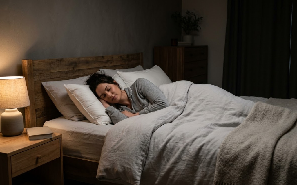 vrouw die in haar bed ligt te slapen