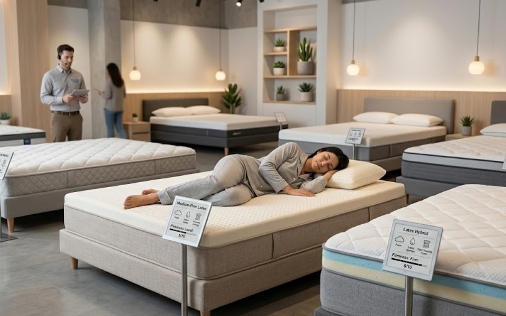 Afbeedling waarin een vrouw haar matras uitprobeerd