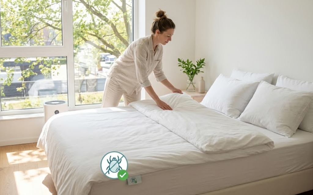 Vrouw die haar bed opmaakt