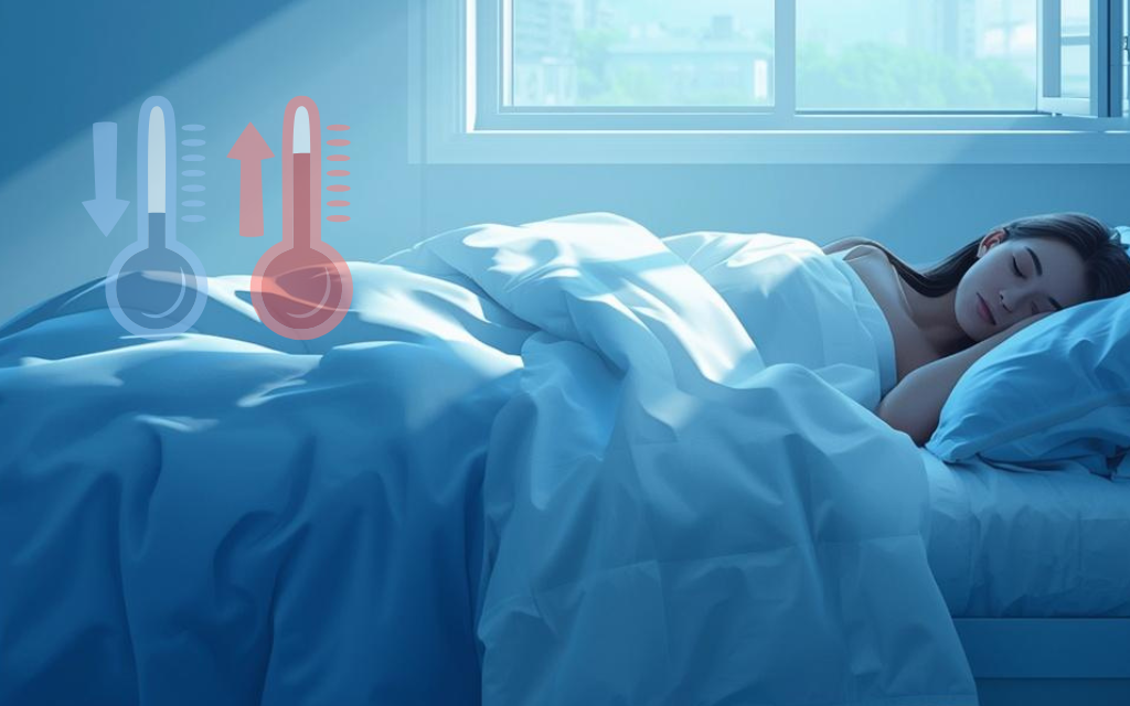 Vrouw ligt in bed met verschillende temperatuur