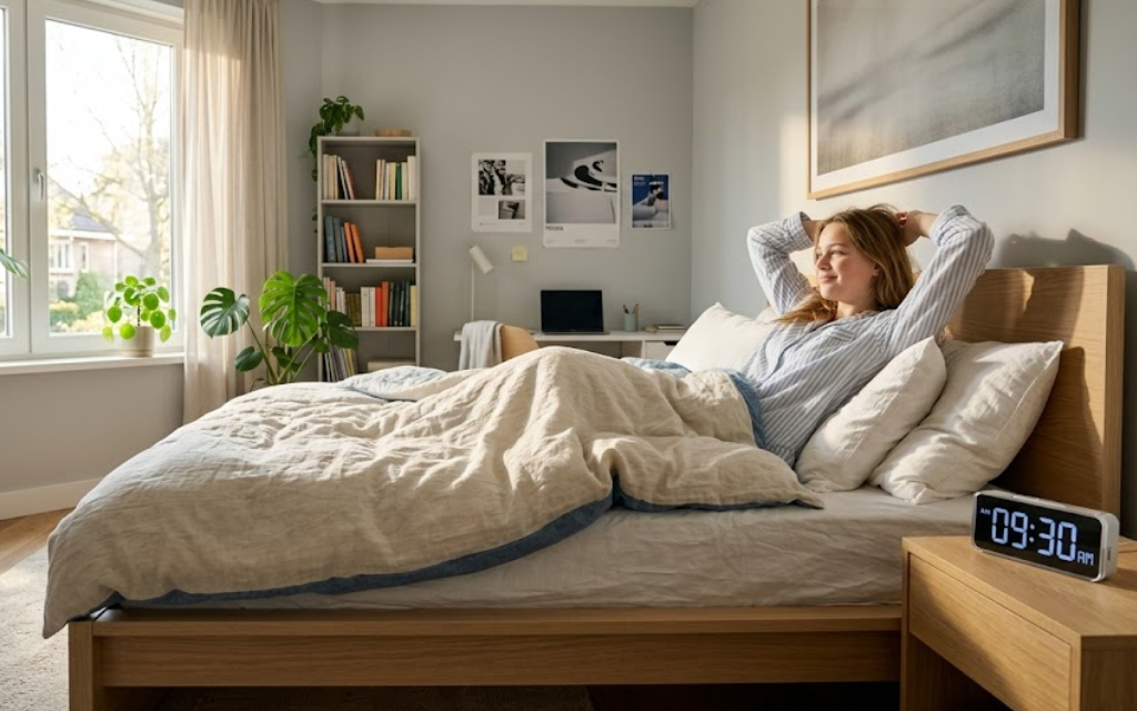 Jonge damen die met haar hand over haar handen ligt