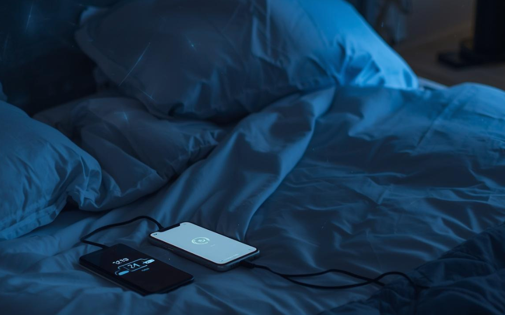 Afbeelding van een telefoon en oplader op bed