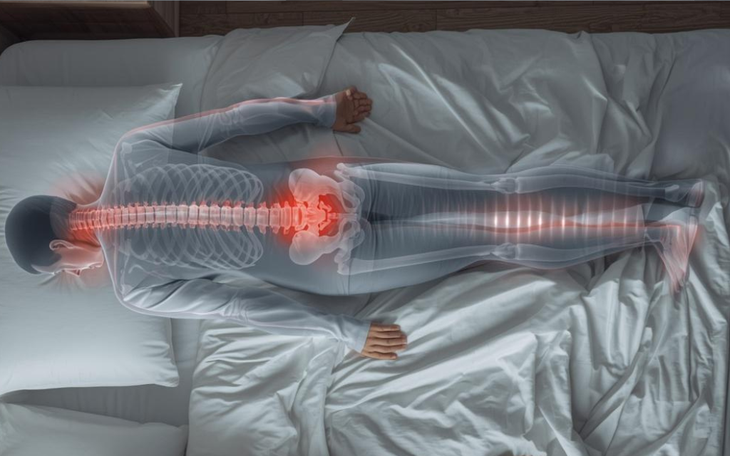 Een persoon die op zijn buik slaapt