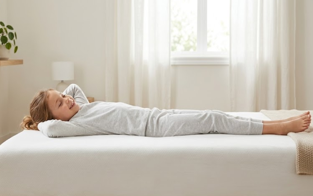 Kind die op een matras ligt