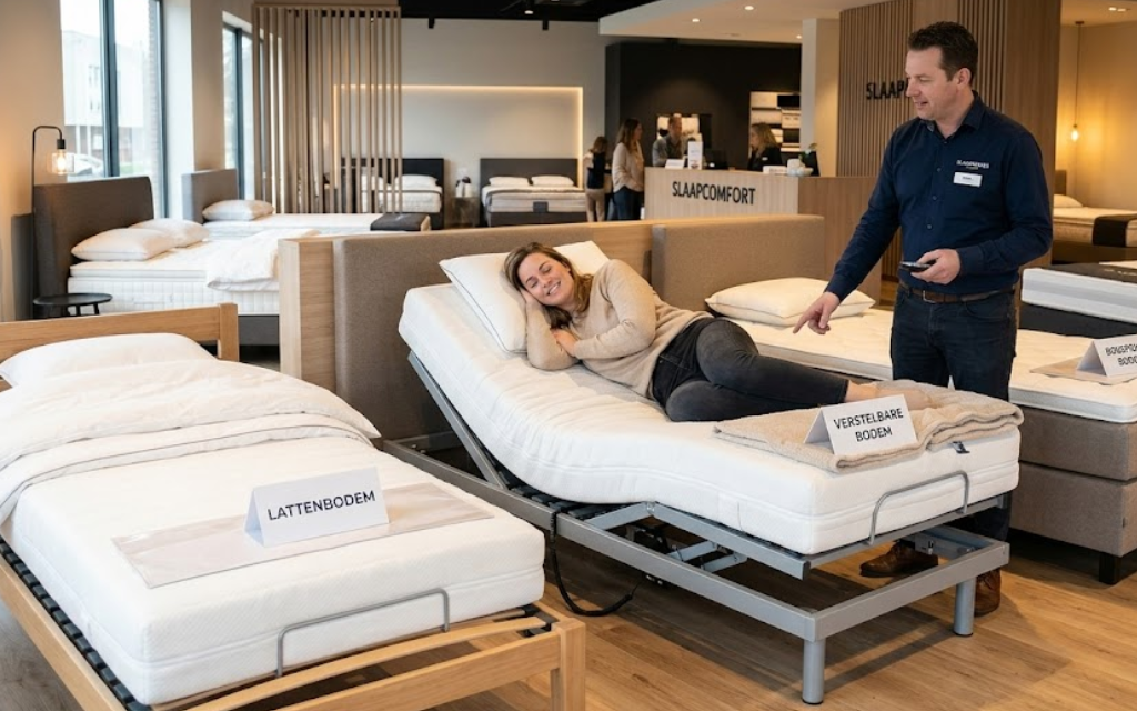 Vrouw test een bed uit waarbij een verkoper begeleid