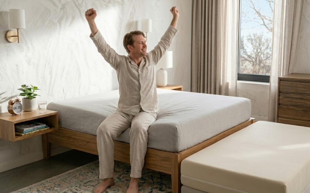 man staat fris en fruitig op