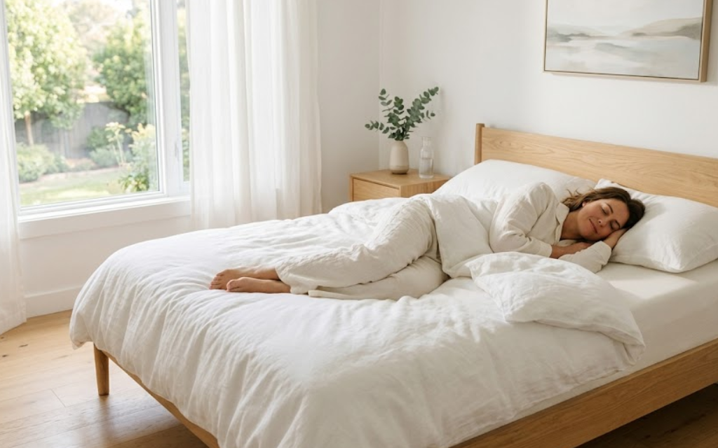 Vrouw ligt te slapen op een verzorgt matras