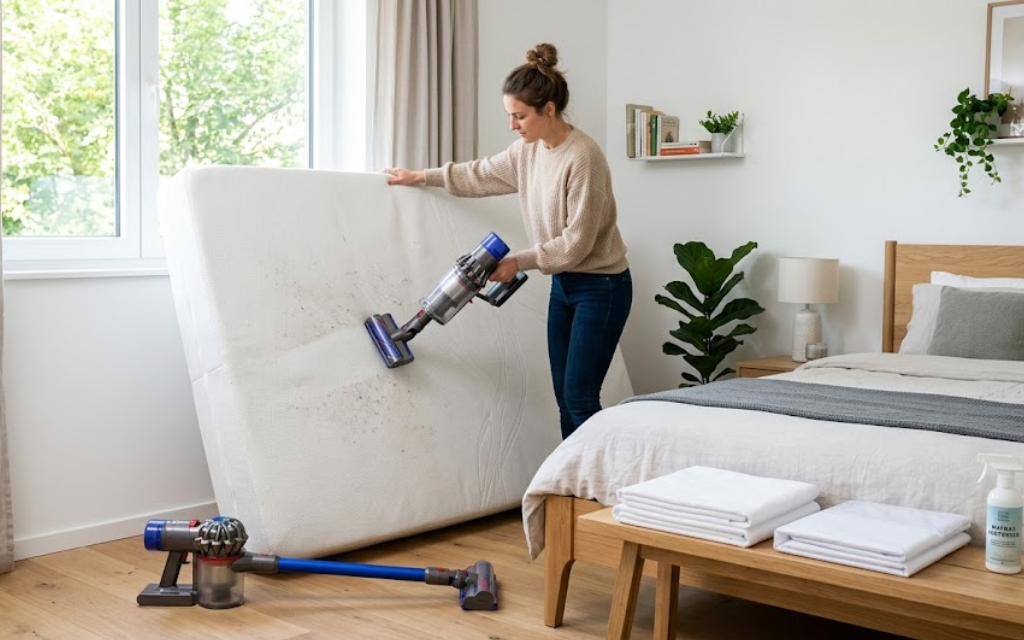 Vrouw die matras aan het onderhouden is