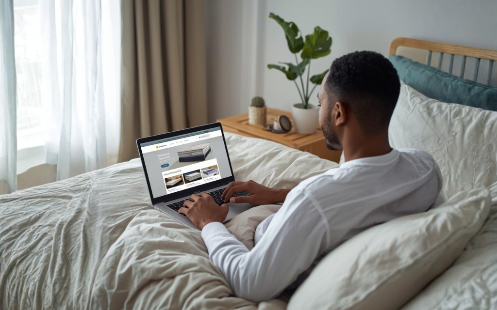 man ligt in bed en zoekt op bedden online op zijn laptop