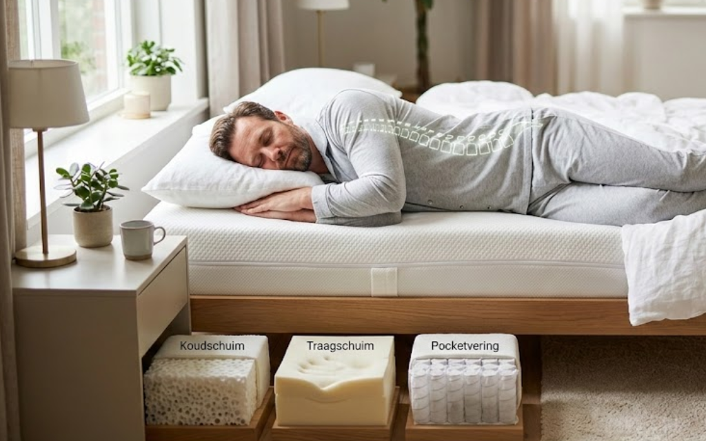 Man ligt op bed en voorbeelden van verschillende matrassen