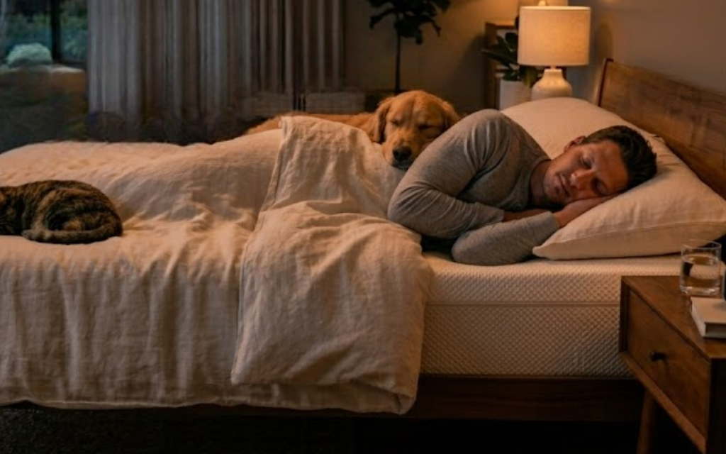 Man slaapt met hond en kat in bed