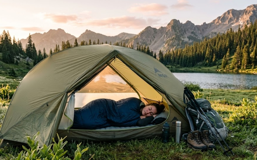 En vrouw die in een tent ligt te slapen