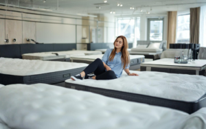 Vrouw zit op een matras om het uit te kiezen