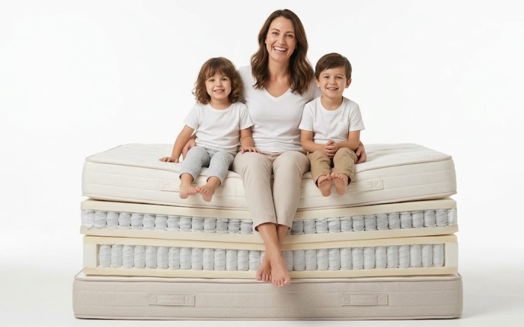 moeder en twee kinderen zitten op matrassen