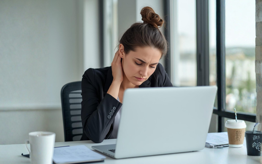 Vrouw zit achter haar bureau en heeft last van haar nek