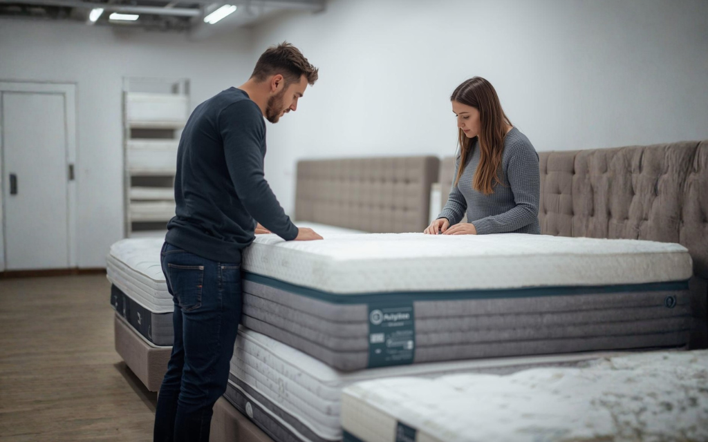 Man en vrouw kijken naar een matras