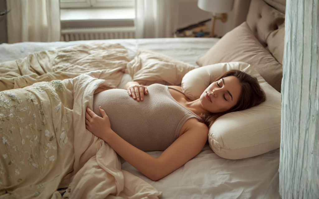 Zwangere vrouw ligt te slapen in bed