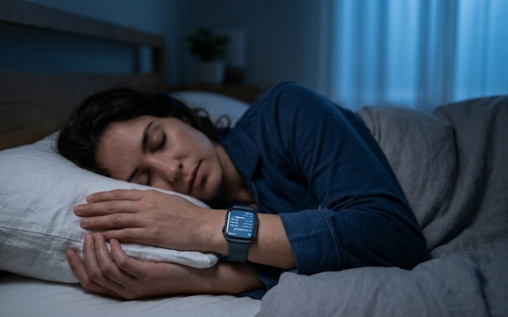 Vrouw ligt te slapen met smart watch om haar pols