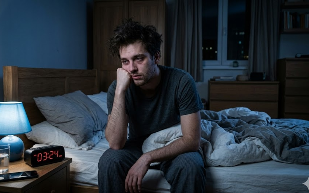 Man die probeerd te slapen en die op zijn bed zit