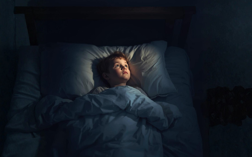 Kind ligt wakker in bed