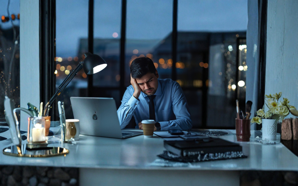 Man achter zijn bureau met zijn hand onder zijn hoofd