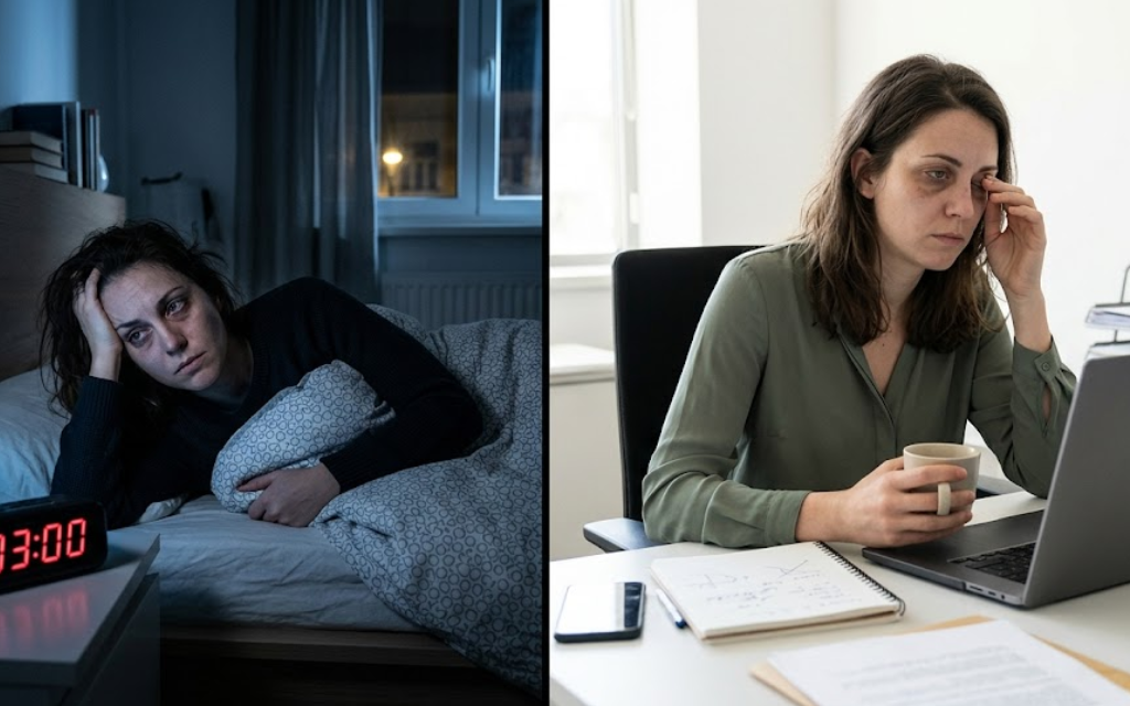 Links vrouw dat wakker is en rechts vraag dat erg moe is