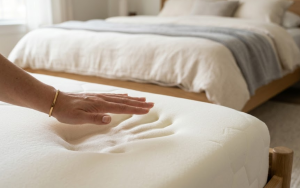 Hand dat over een matras gaat