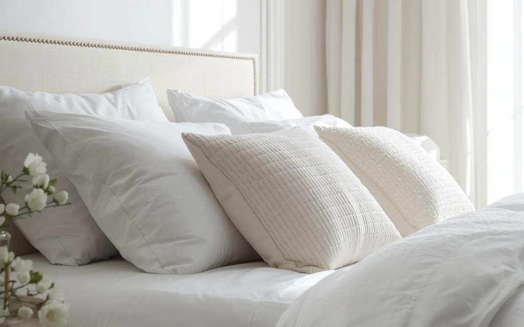 Afbeelding van een bed en verschillende kussens