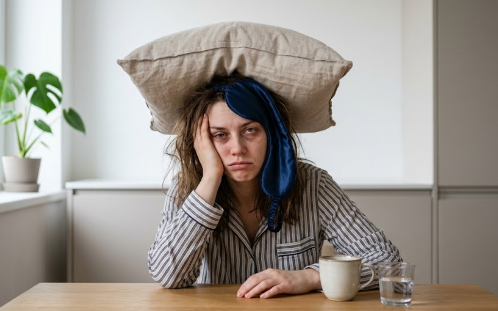Vrouw die vermoeid kijkt met een kussen op haar hoofd