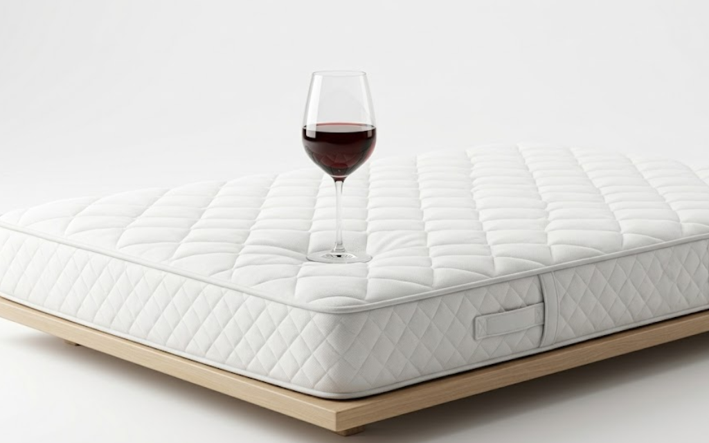 Een wijnglas met rode wijn op een matras